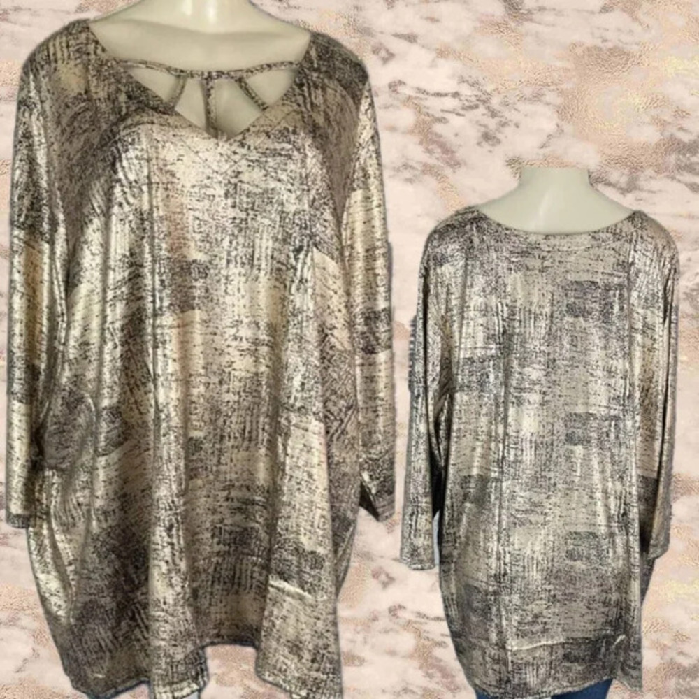 Roaman's + 34/36 Gold & Black Metallic Shiny Finish Caged V- Neck 3/4 Sleeve Top
